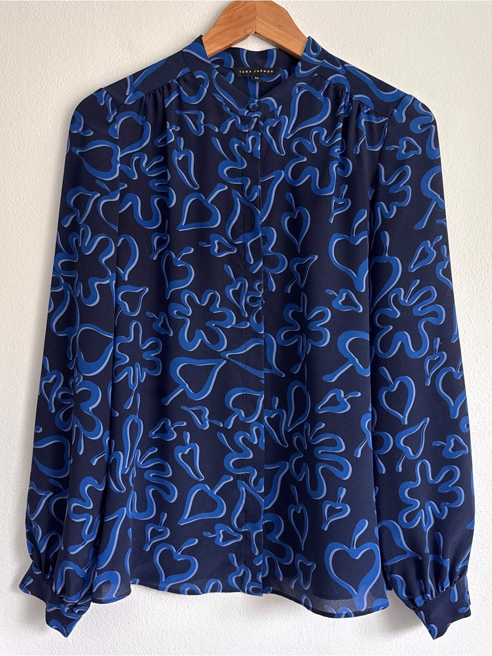 Tara Jarmon Paris Silk Blouse Blue Print Sz 34 / S Sheer Button Top